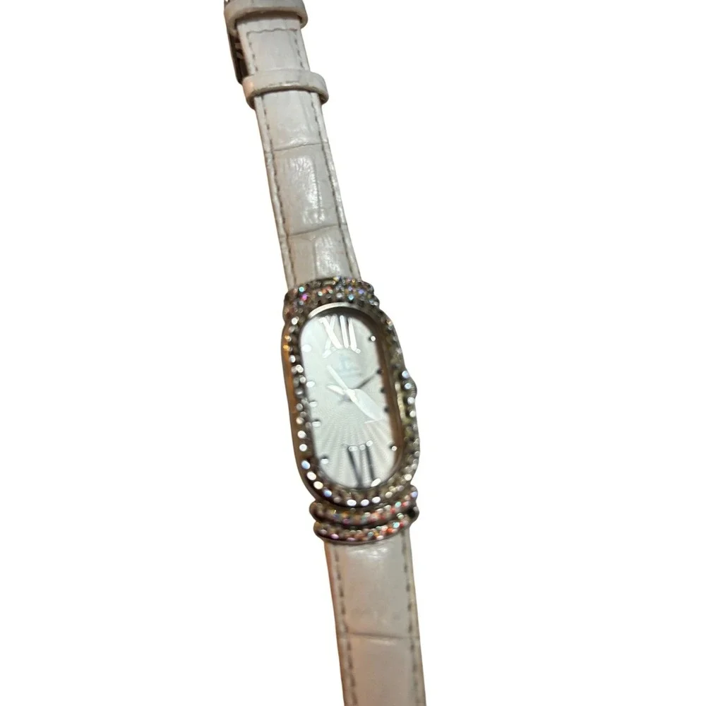 Jimmy Crystal Womens Oval Case Watch Rhinestone White Band Water Resistant WJ532